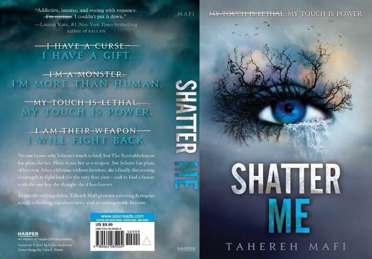 Full wraparound book cover layout for Shatter Me by Tahereh Mafi