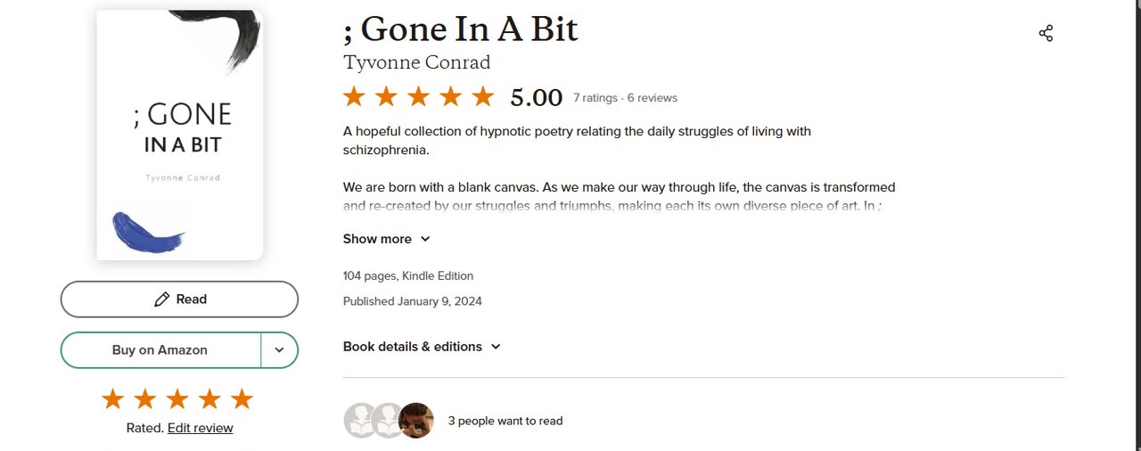 Book listing page for ; Gone In A Bit by Tyvonne Conrad showing a five star rating and reviews